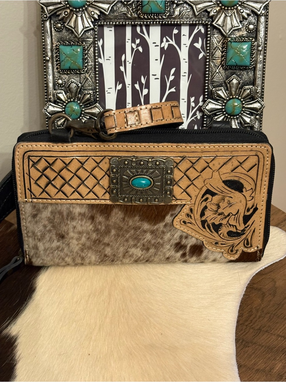 Leather & Cowhide Wristlet Wallet with Turquoise Accent